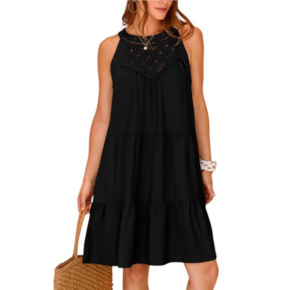 BTFBM SLEEVELESS CROCHET BOHO MINI DRESS BLACK BEACH RESORT COASTAL COWGIRL S